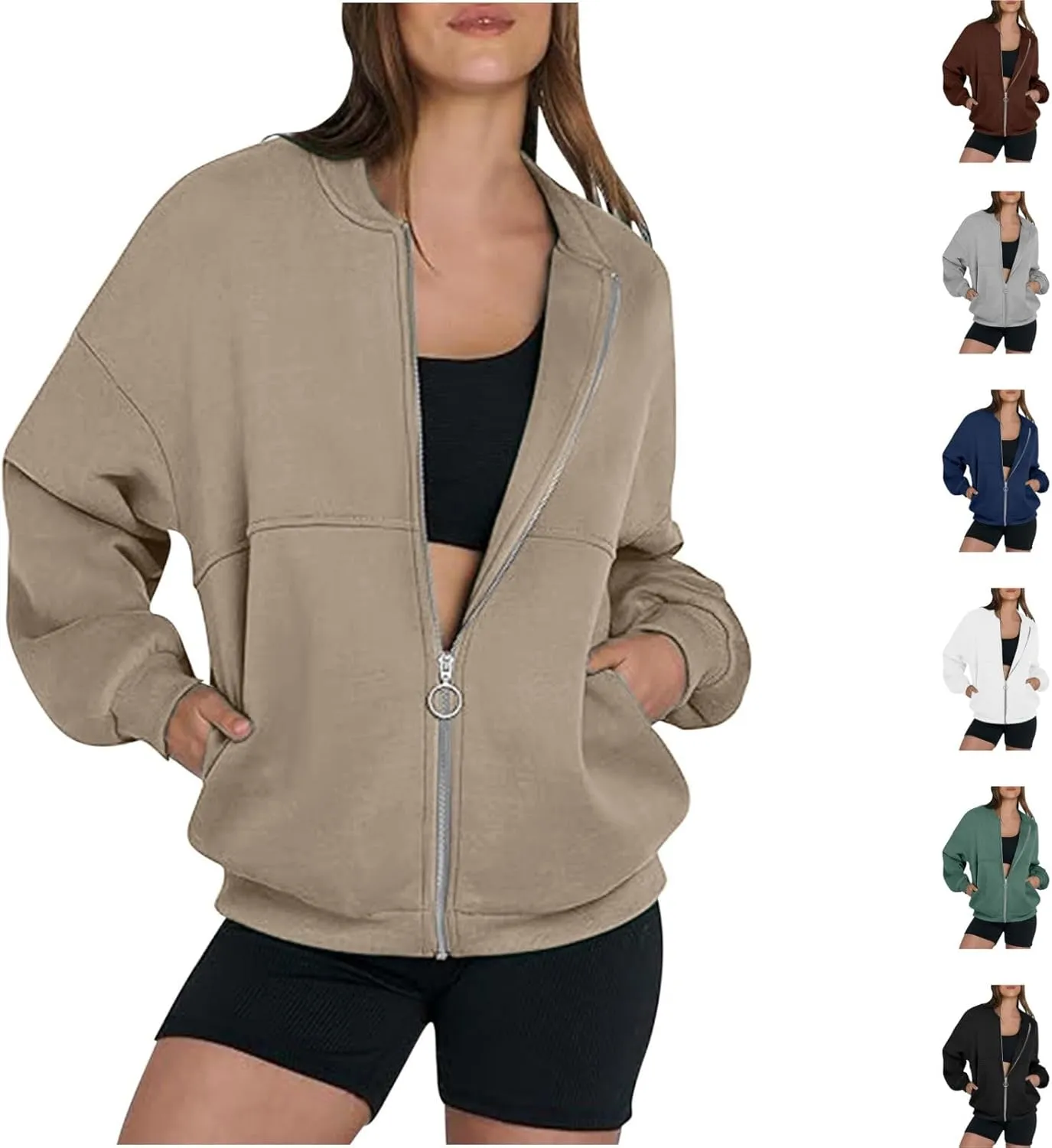 Women's Zip Up Oversized Hoodies Fall Long Sleeve Crewneck Sweatshirts Fleece Lined Loose Pullover Tops Jackets 2024
