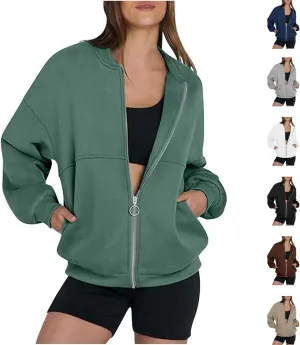 Women's Zip Up Oversized Hoodies Fall Long Sleeve Crewneck Sweatshirts Fleece Lined Loose Pullover Tops Jackets 2024