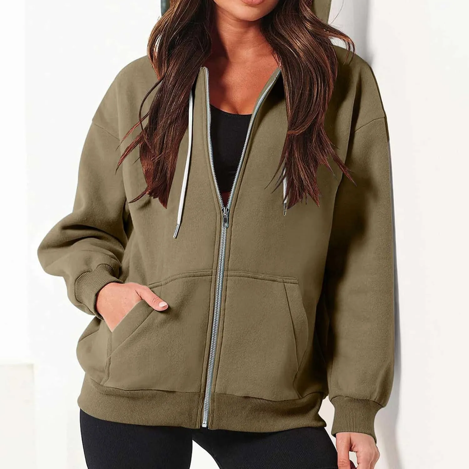 Womens Zip Up y2k Hoodies Fall Fashion Oversized Long Sleeve Hooded Sweatshirt Casual Lightweight Jacket With Pockets