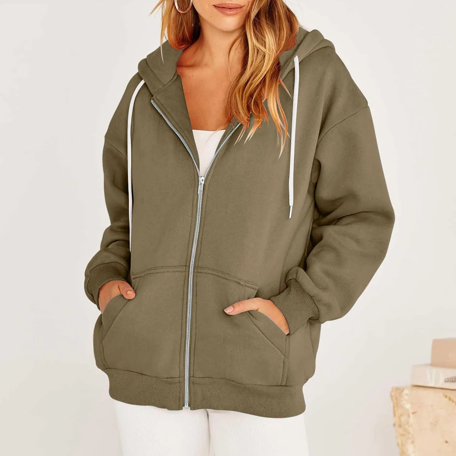 Womens Zip Up y2k Hoodies Fall Fashion Oversized Long Sleeve Hooded Sweatshirt Casual Lightweight Jacket With Pockets
