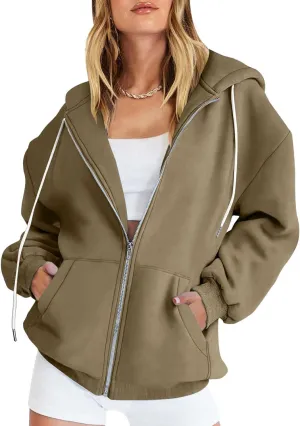 Womens Zip Up y2k Hoodies Fall Fashion Oversized Long Sleeve Hooded Sweatshirt Casual Lightweight Jacket With Pockets