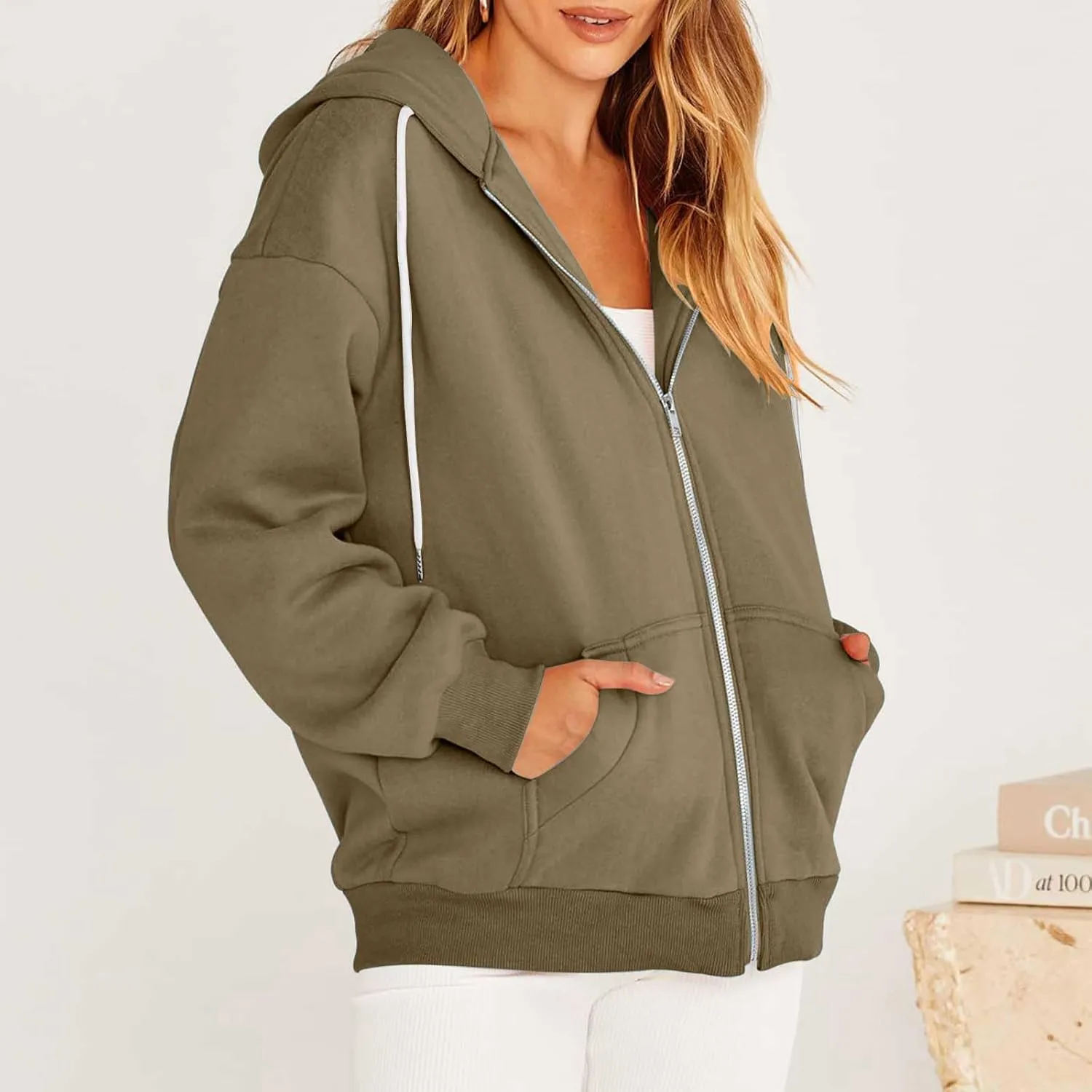Womens Zip Up y2k Hoodies Fall Fashion Oversized Long Sleeve Hooded Sweatshirt Casual Lightweight Jacket With Pockets