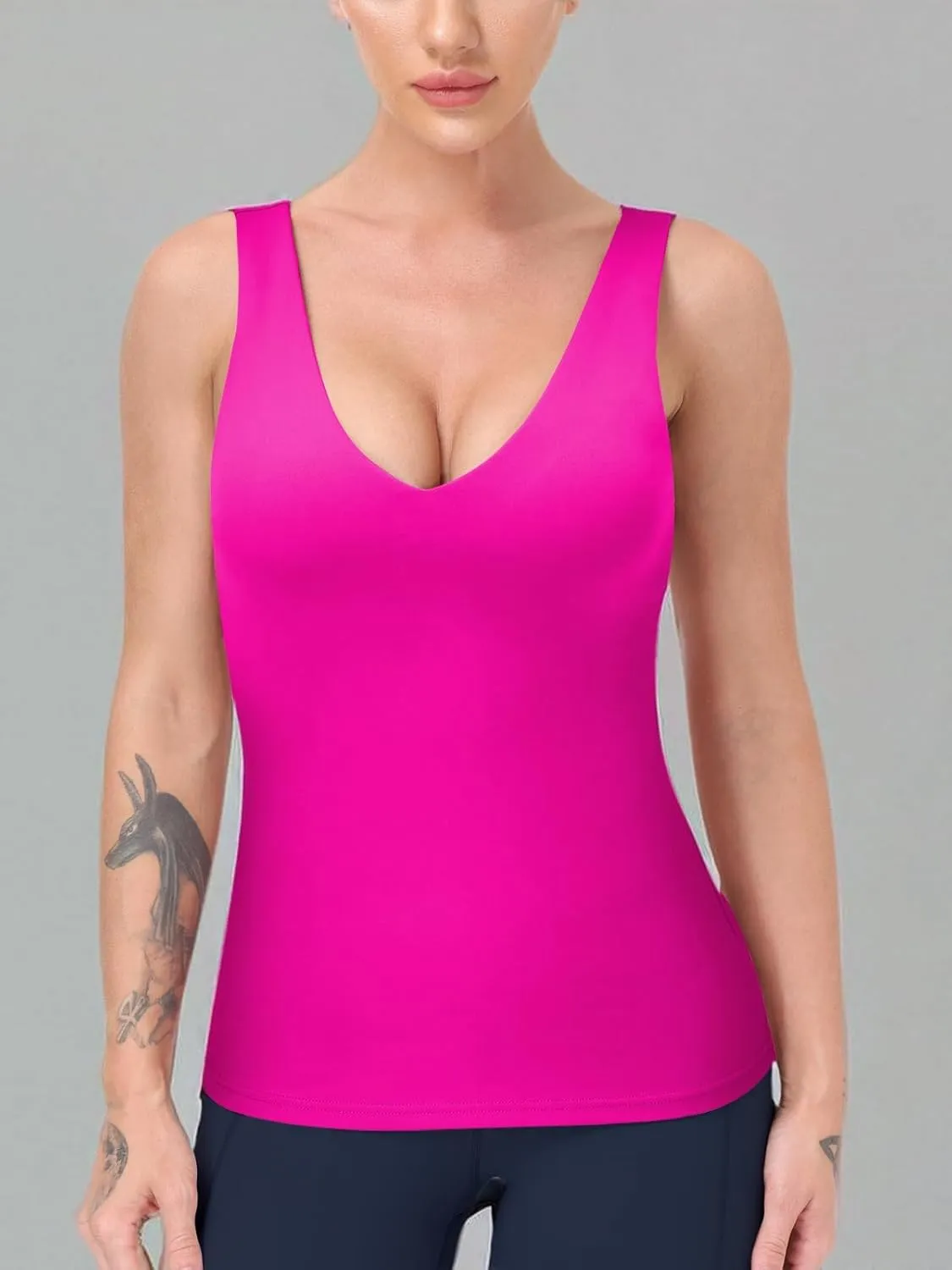 Workout Tops for Women Yoga Tank Tops with Built in Bra Wirefree Padded Yoga Bras Gym Running Athletic Shirt V-Neck Camisole