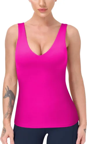 Workout Tops for Women Yoga Tank Tops with Built in Bra Wirefree Padded Yoga Bras Gym Running Athletic Shirt V-Neck Camisole