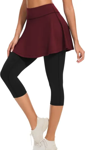 WOWENY Women Tennis Skirted Leggings with Pockets Athletic Ruffle Skirt with Leggings Golf Skort Pickleball Clothing