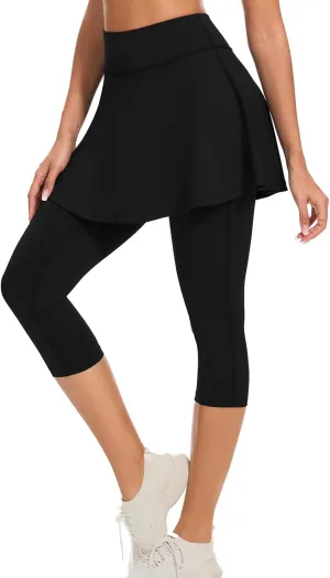 WOWENY Women Tennis Skirted Leggings with Pockets Athletic Ruffle Skirt with Leggings Golf Skort Pickleball Clothing