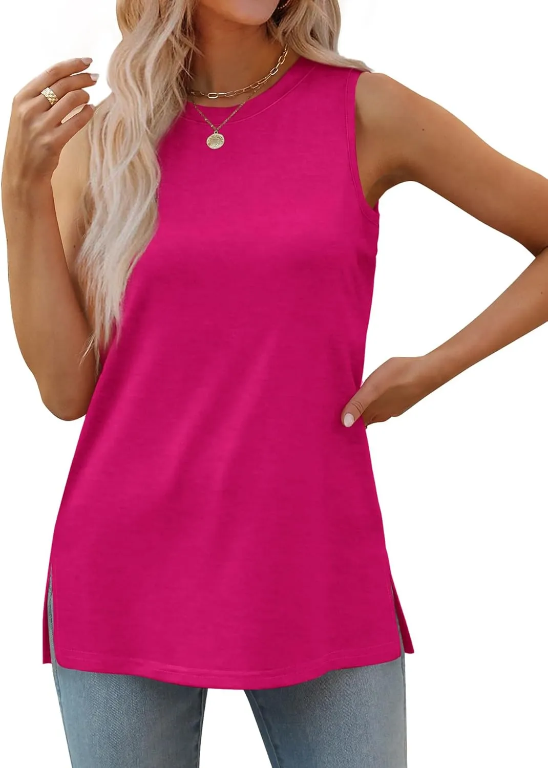 XIEERDUO Womens Tank Tops Crewneck Loose Fit Basic Casual Summer Side Split Sleeveless Shirts