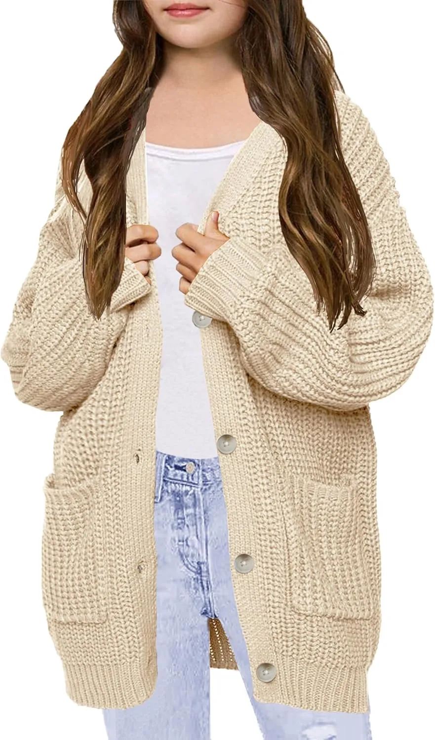 XuBa Girls Cardigan with Pockets Open Front Striped Color Block Knitted Soft Sweater Coat