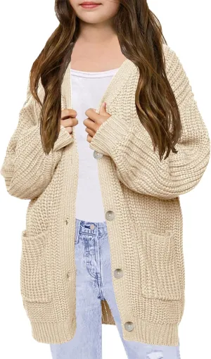 XuBa Girls Cardigan with Pockets Open Front Striped Color Block Knitted Soft Sweater Coat
