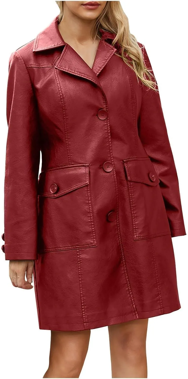XUNRYAN Women Faux-Leather Jackets Long Trench Coat Elegant Notch Lapel Peacoat Motorcycle PU Moto Biker Slim Fit Coat