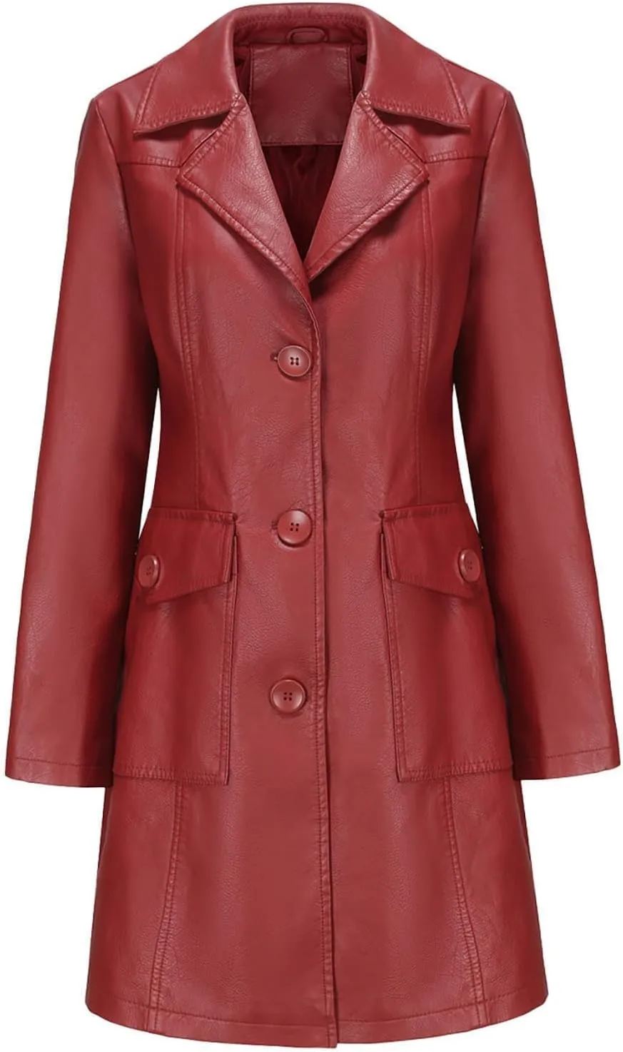 XUNRYAN Women Faux-Leather Jackets Long Trench Coat Elegant Notch Lapel Peacoat Motorcycle PU Moto Biker Slim Fit Coat