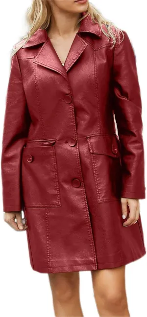 XUNRYAN Women Faux-Leather Jackets Long Trench Coat Elegant Notch Lapel Peacoat Motorcycle PU Moto Biker Slim Fit Coat