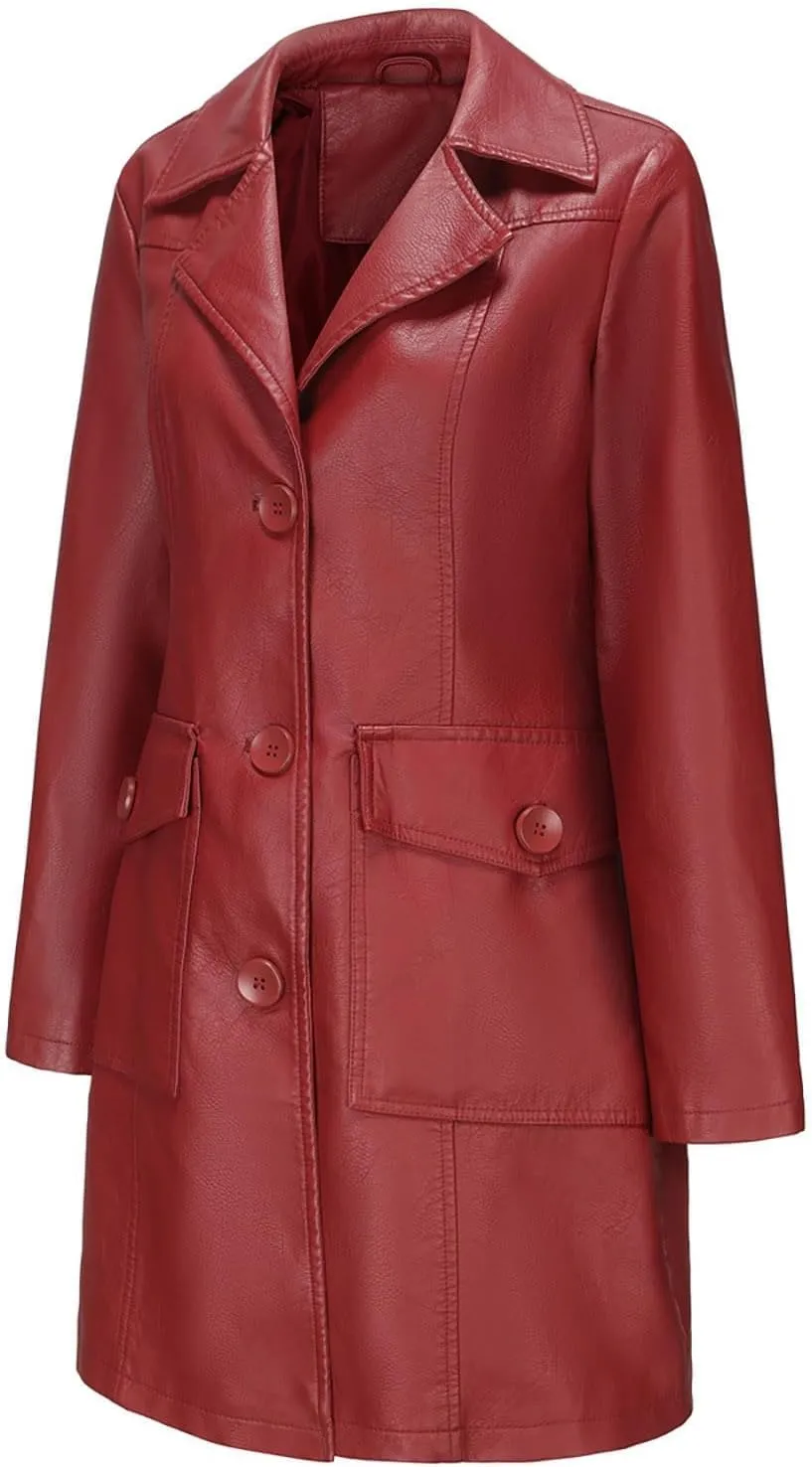 XUNRYAN Women Faux-Leather Jackets Long Trench Coat Elegant Notch Lapel Peacoat Motorcycle PU Moto Biker Slim Fit Coat