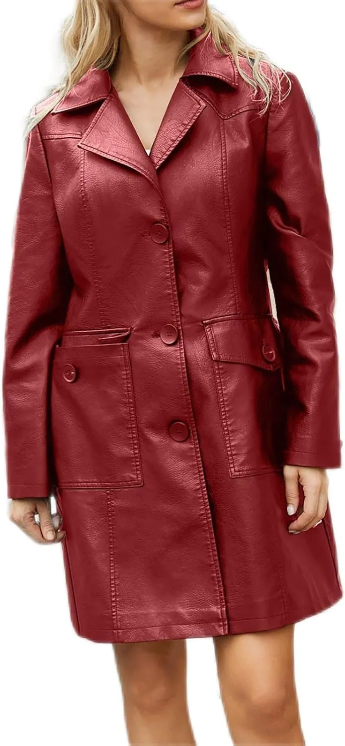 XUNRYAN Women Faux-Leather Jackets Long Trench Coat Elegant Notch Lapel Peacoat Motorcycle PU Moto Biker Slim Fit Coat