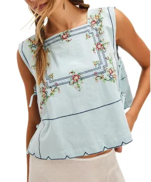 Y2k Tie Front Tank Tops Women Sleeveless Floral Embroidery Crop Vest Cami Shirt Babydoll Going Out Camisole