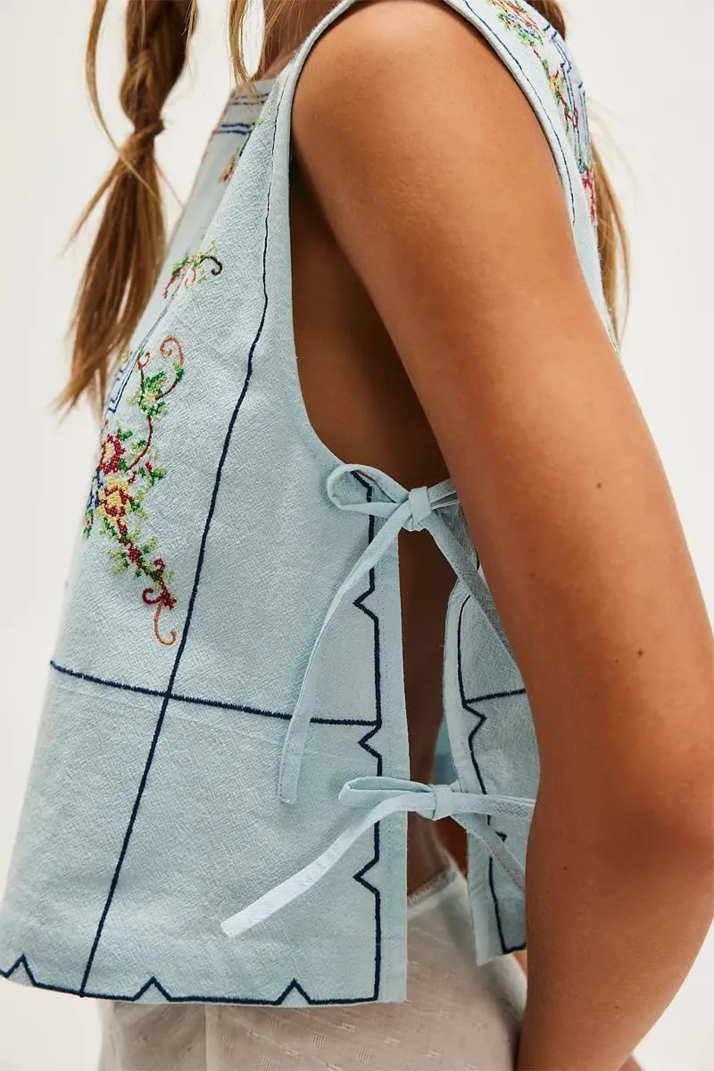 Y2k Tie Front Tank Tops Women Sleeveless Floral Embroidery Crop Vest Cami Shirt Babydoll Going Out Camisole