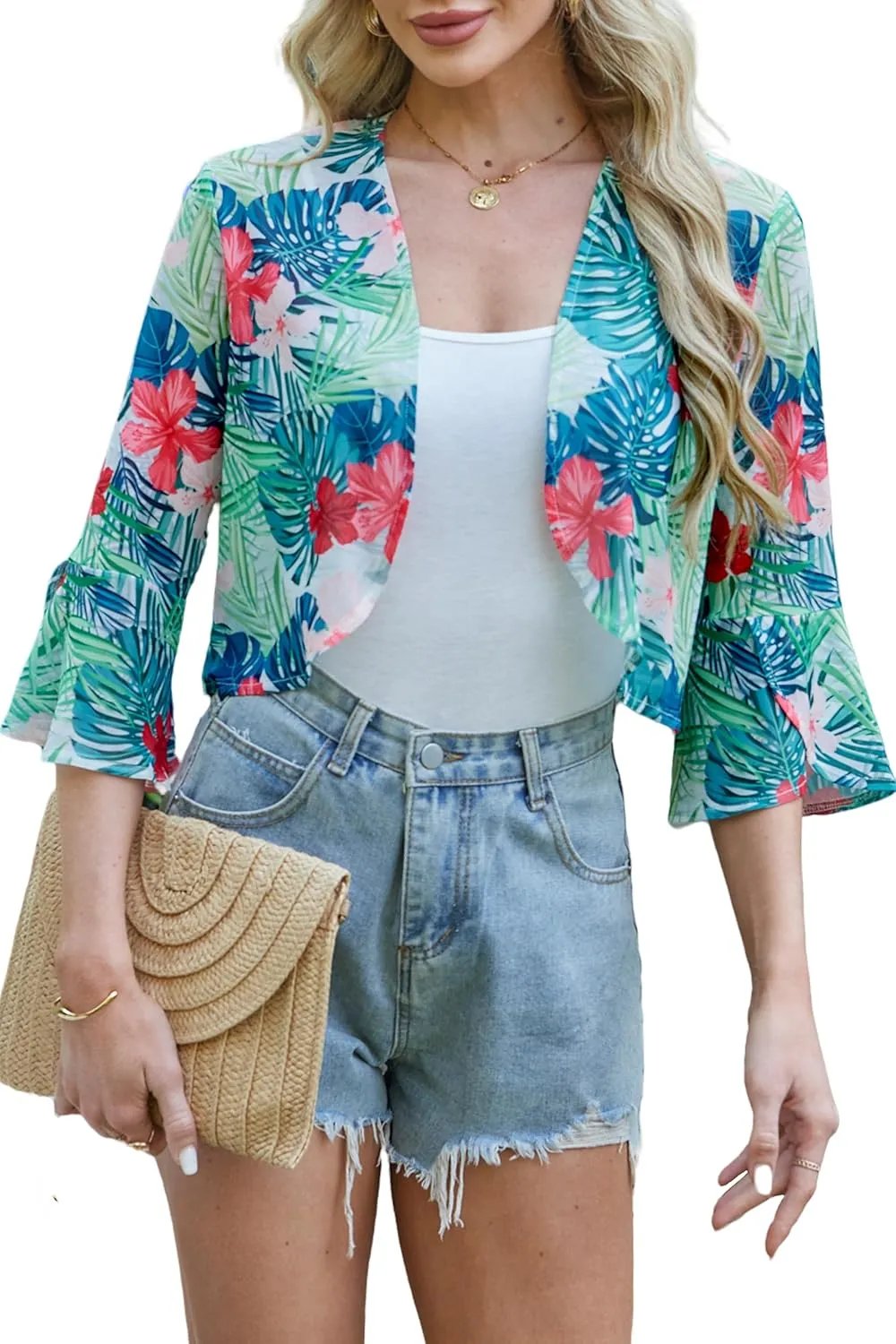 Yekaty Shrugs for Women 3/4 Sleeve Cropped Cardigan Lightweight Summer Sheer Bolero Shrug for Dresses