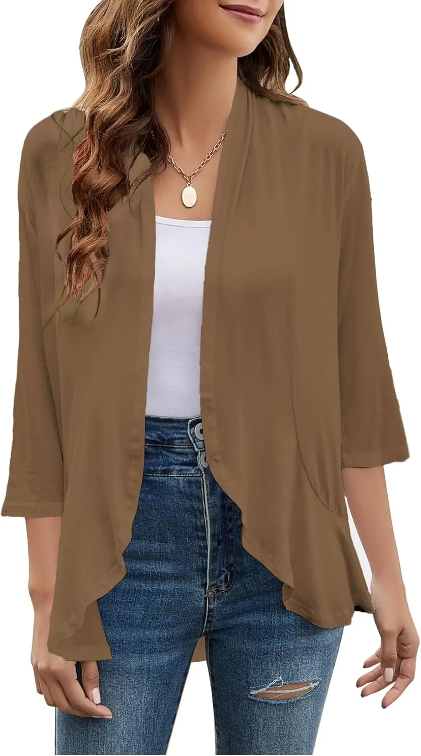Yekaty Women Cardigan 3/4 Sleeves Open Front Lightweight Cardigan Draped Ruffles Knit Cardigan
