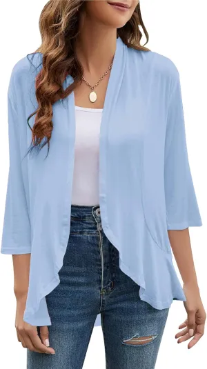 Yekaty Women Cardigan 3/4 Sleeves Open Front Lightweight Cardigan Draped Ruffles Knit Cardigan