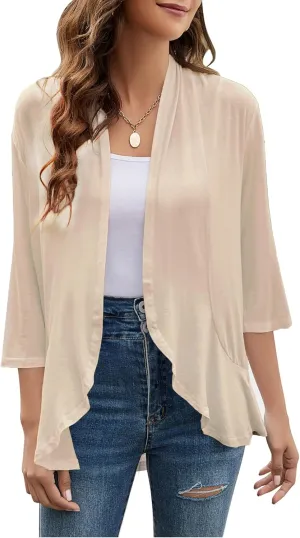 Yekaty Women Cardigan 3/4 Sleeves Open Front Lightweight Cardigan Draped Ruffles Knit Cardigan