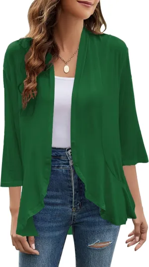 Yekaty Women Cardigan 3/4 Sleeves Open Front Lightweight Cardigan Draped Ruffles Knit Cardigan