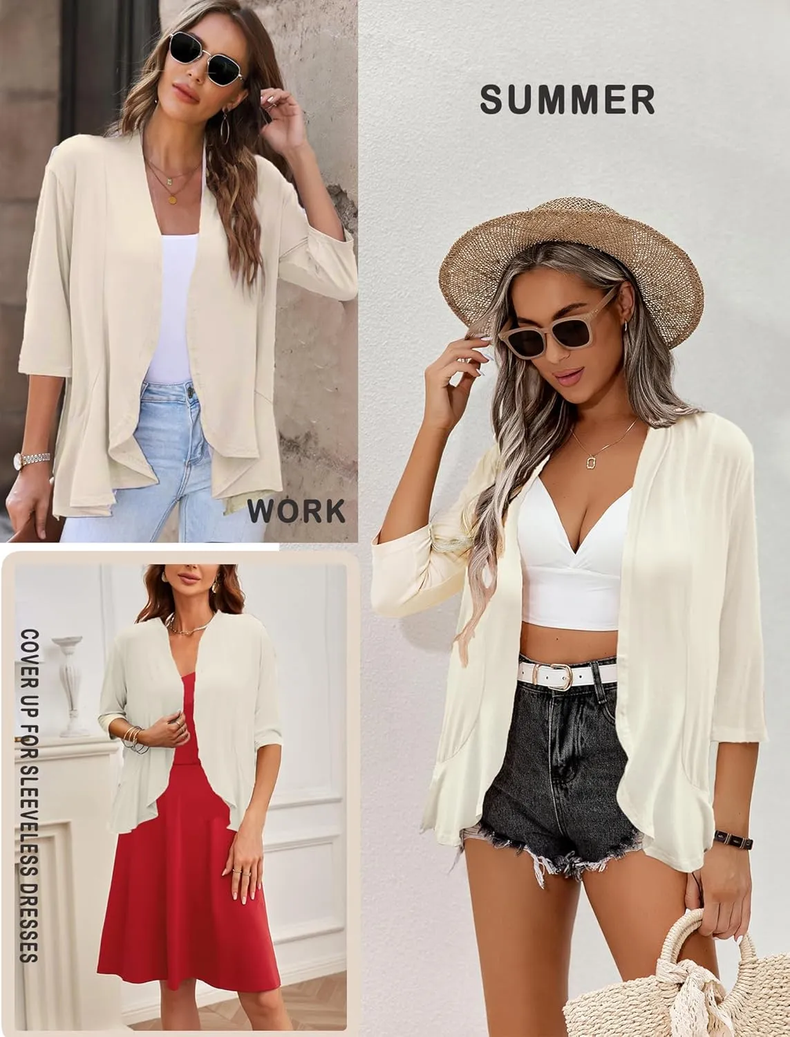 Yekaty Women Cardigan 3/4 Sleeves Open Front Lightweight Cardigan Draped Ruffles Knit Cardigan