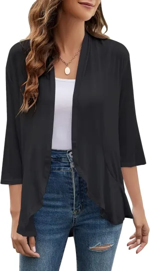 Yekaty Women Cardigan 3/4 Sleeves Open Front Lightweight Cardigan Draped Ruffles Knit Cardigan