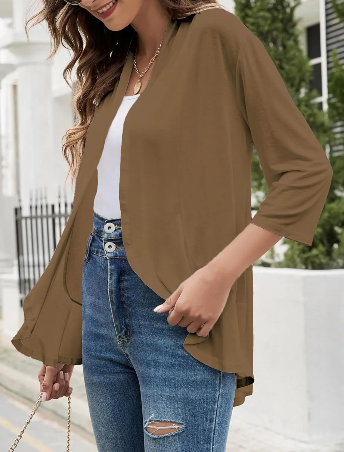 Yekaty Women Cardigan 3/4 Sleeves Open Front Lightweight Cardigan Draped Ruffles Knit Cardigan