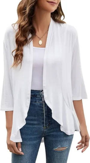 Yekaty Women Cardigan 3/4 Sleeves Open Front Lightweight Cardigan Draped Ruffles Knit Cardigan