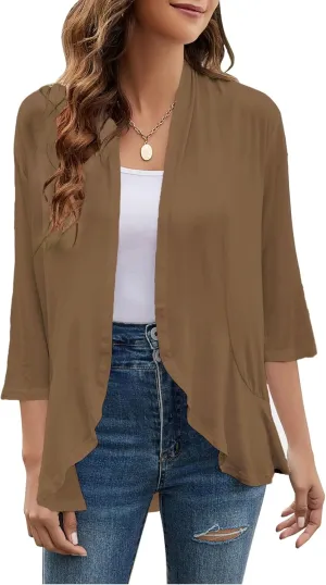 Yekaty Women Cardigan 3/4 Sleeves Open Front Lightweight Cardigan Draped Ruffles Knit Cardigan