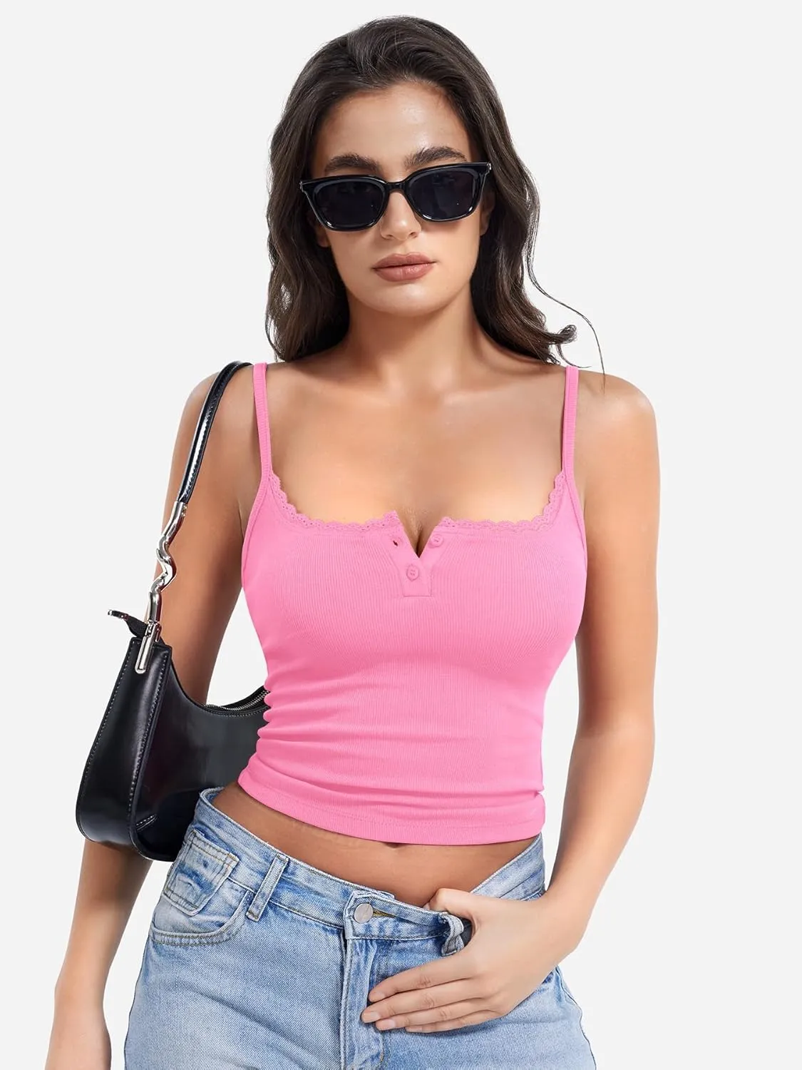 YEOREO Jillce Womens Ribbed Lace Cami Square Neck Tank Top Sexy Sleeveless Button Y2K Going Out Camisoles Strap Summer Tops