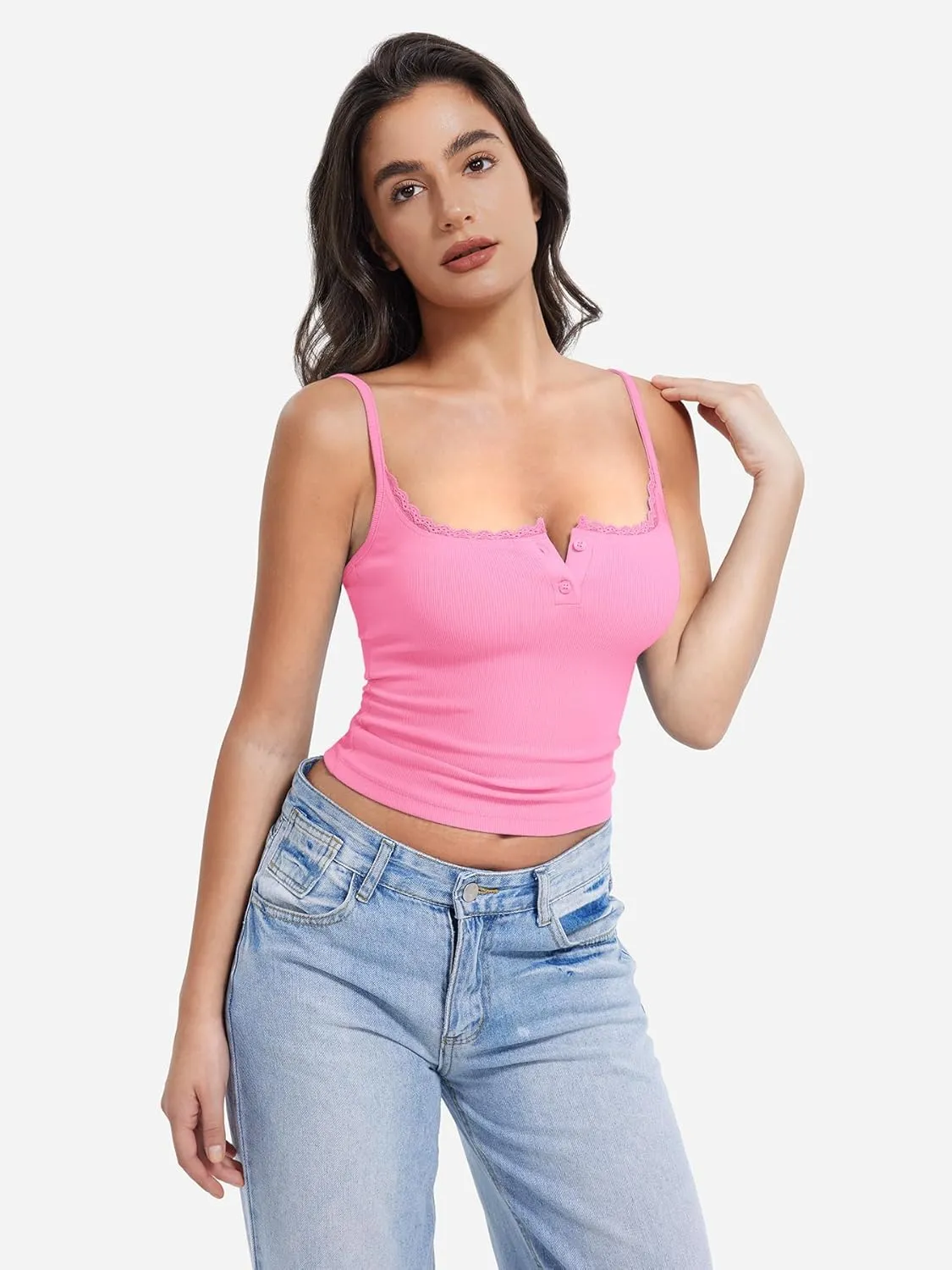 YEOREO Jillce Womens Ribbed Lace Cami Square Neck Tank Top Sexy Sleeveless Button Y2K Going Out Camisoles Strap Summer Tops