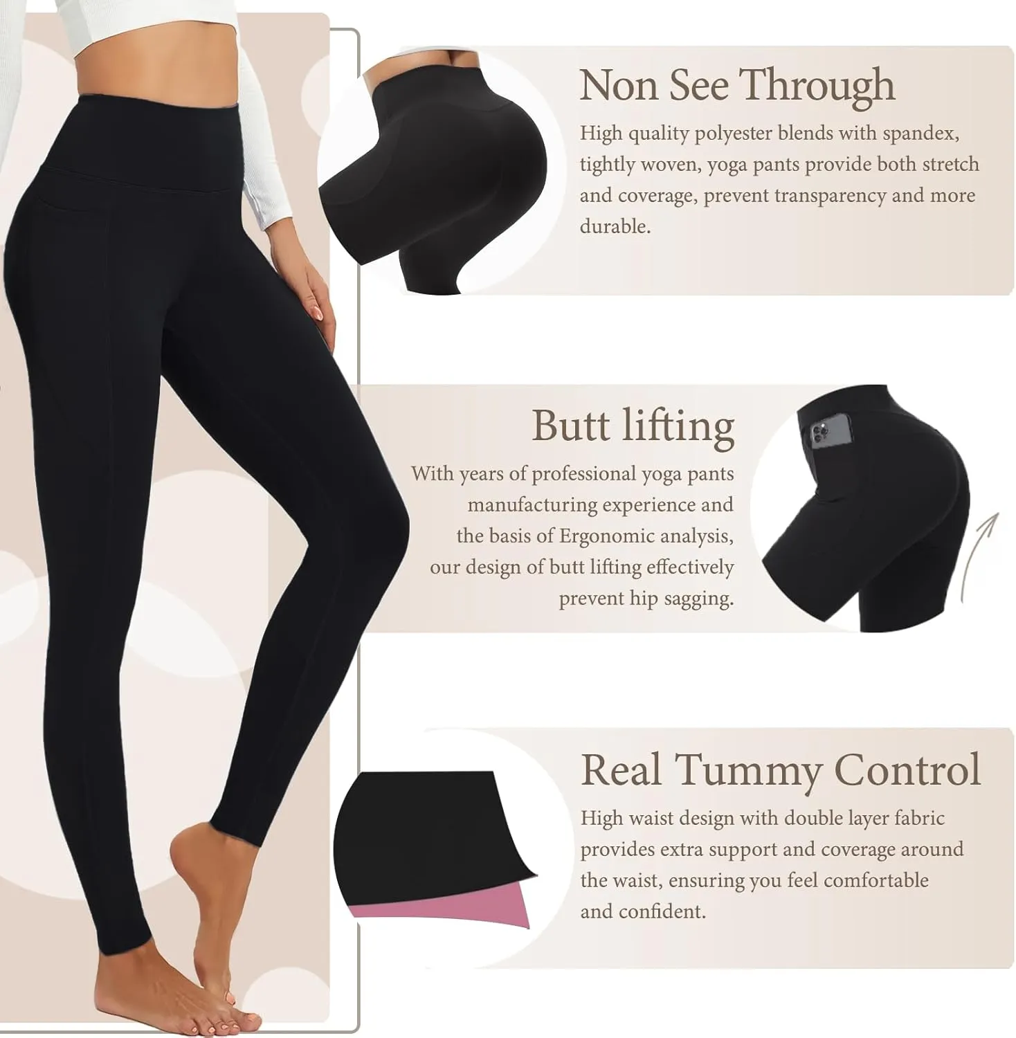Yoga Pants Women Tummy Control Leggings for Women Active Gym Pants High Waisted Workout Leggings with Pockets