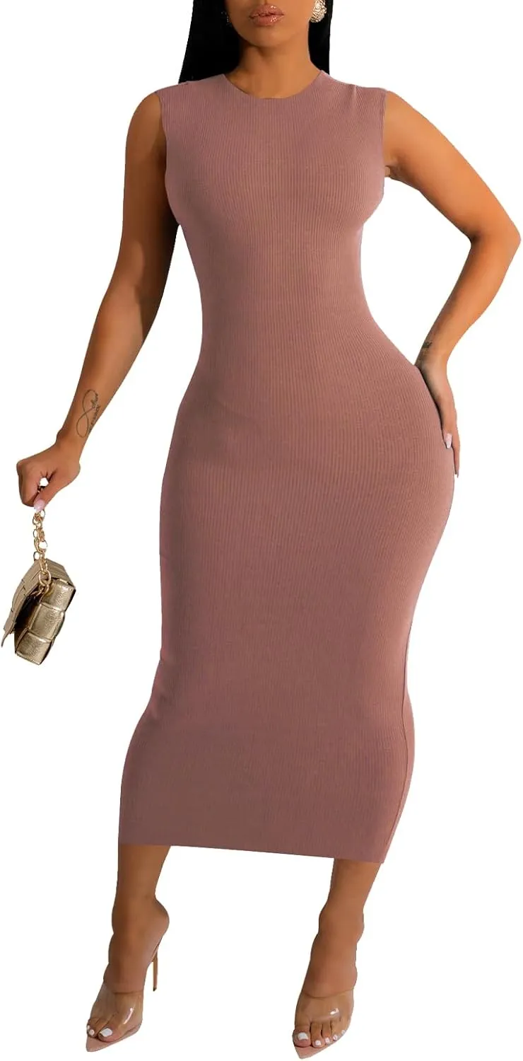 YouSexy Sexy Bodycon Ribbed Tank Dress for Women Sleeveless Casual Party Club Midi Dresses