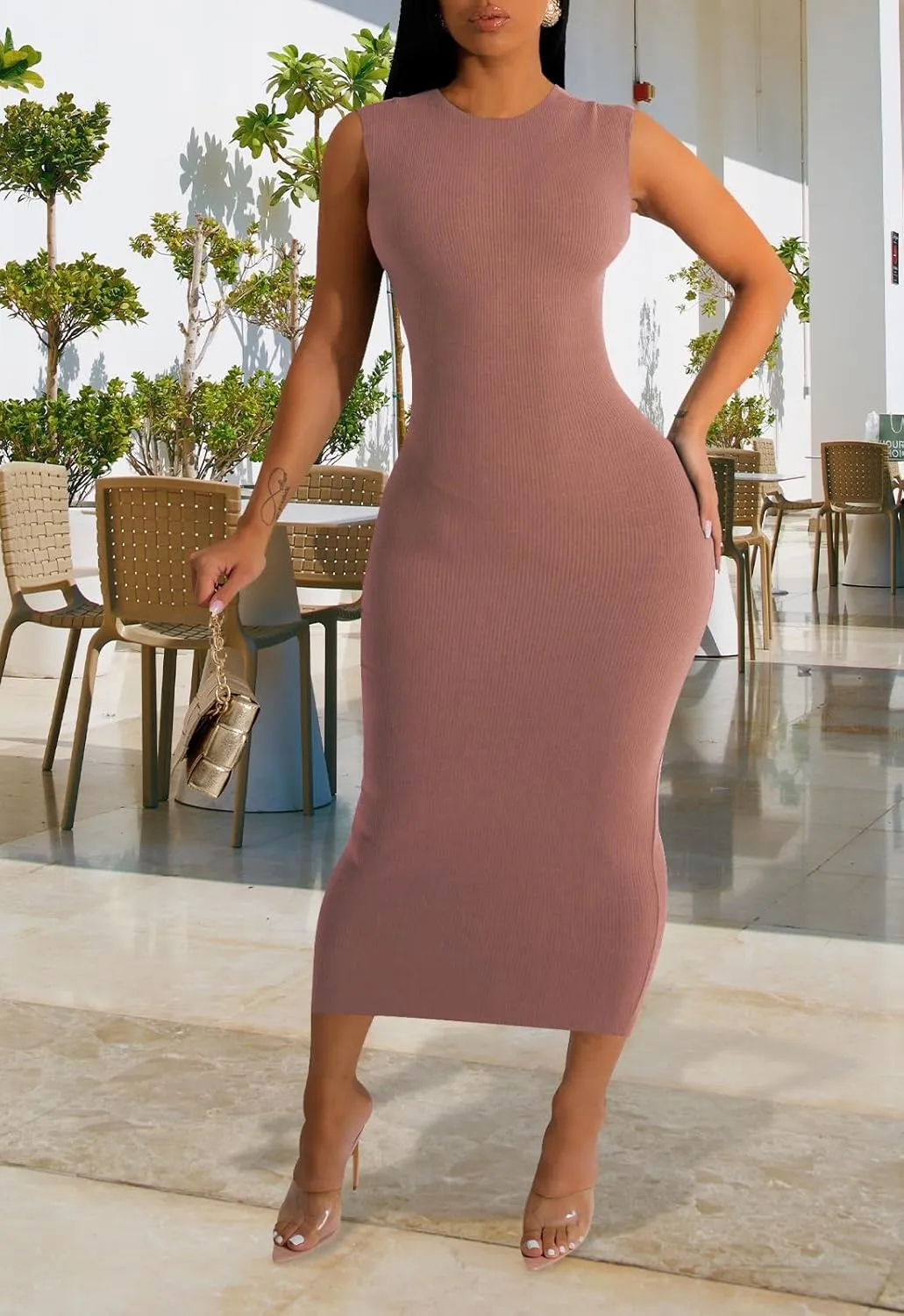 YouSexy Sexy Bodycon Ribbed Tank Dress for Women Sleeveless Casual Party Club Midi Dresses