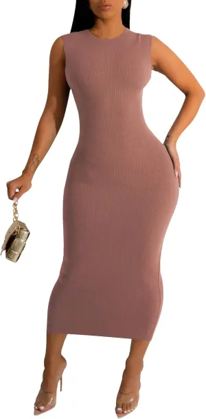 YouSexy Sexy Bodycon Ribbed Tank Dress for Women Sleeveless Casual Party Club Midi Dresses