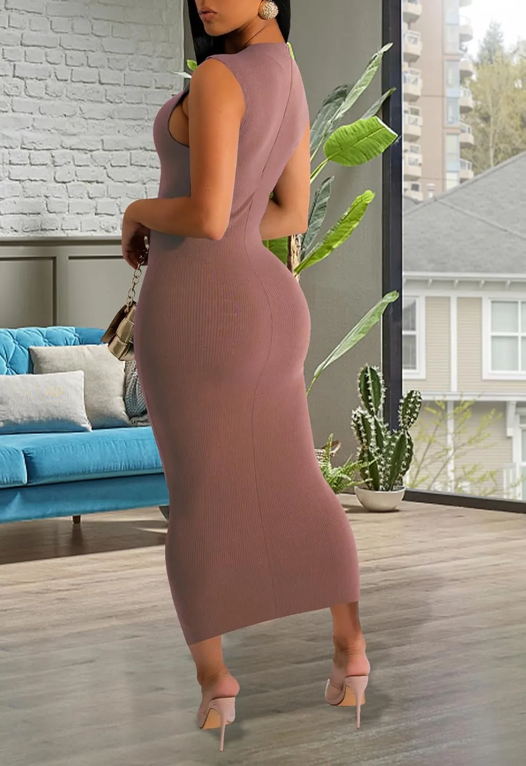 YouSexy Sexy Bodycon Ribbed Tank Dress for Women Sleeveless Casual Party Club Midi Dresses