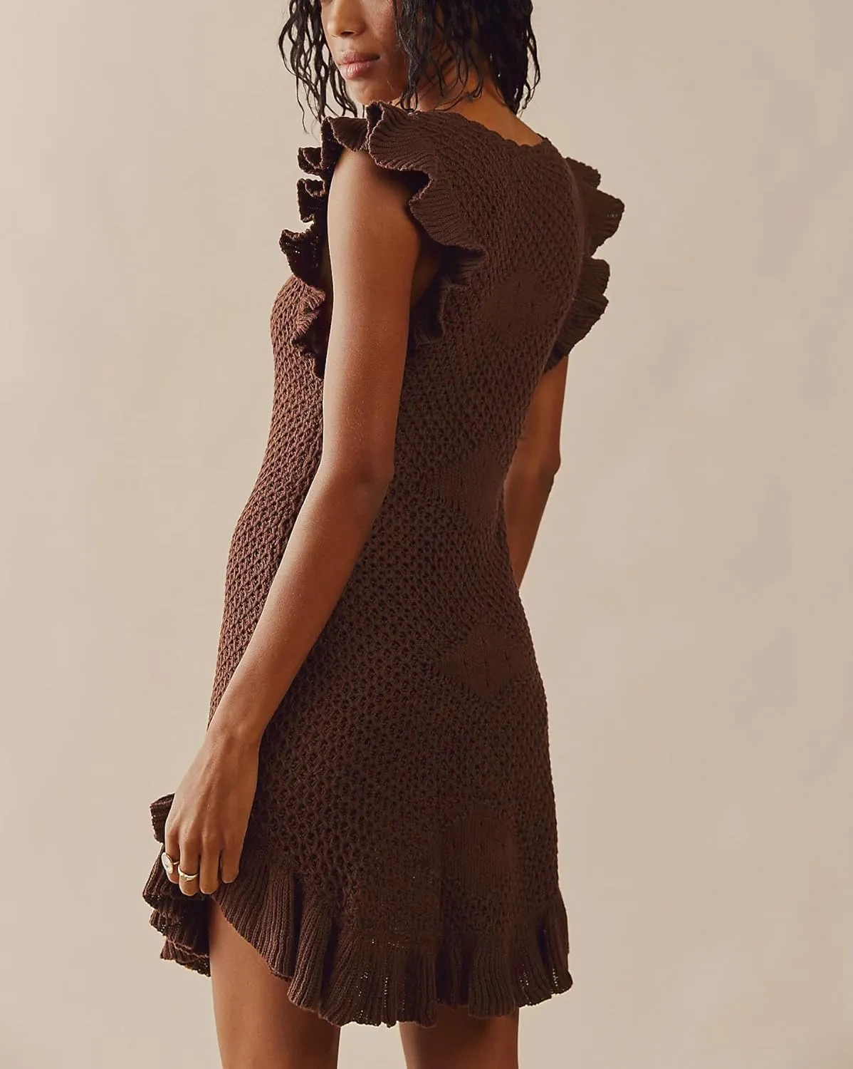 Yuemengxuan Women Crochet Summer Dresses 2025 Sleeveless Ruffle Mini Tank Dress Graduation Dress Knitted Beach Sundresses