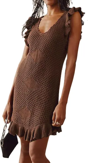 Yuemengxuan Women Crochet Summer Dresses 2025 Sleeveless Ruffle Mini Tank Dress Graduation Dress Knitted Beach Sundresses