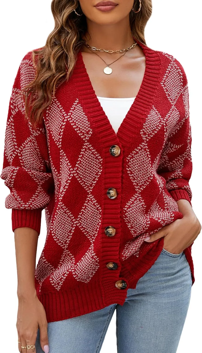 ZAFUL Women's Cardigan Sweaters Argyle Plaid Long Sleeve Button Down Preppy Oversized Chunky Knit Outerwear