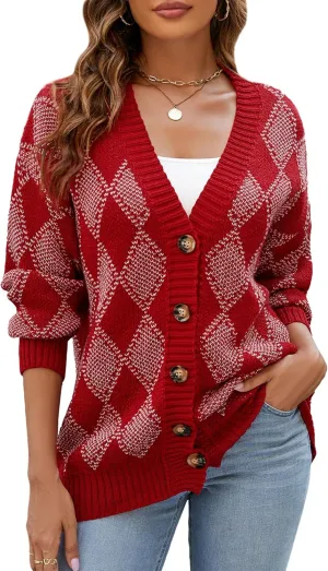 ZAFUL Women's Cardigan Sweaters Argyle Plaid Long Sleeve Button Down Preppy Oversized Chunky Knit Outerwear