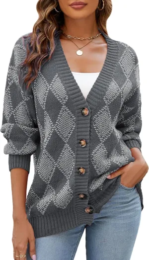 ZAFUL Women's Cardigan Sweaters Argyle Plaid Long Sleeve Button Down Preppy Oversized Chunky Knit Outerwear