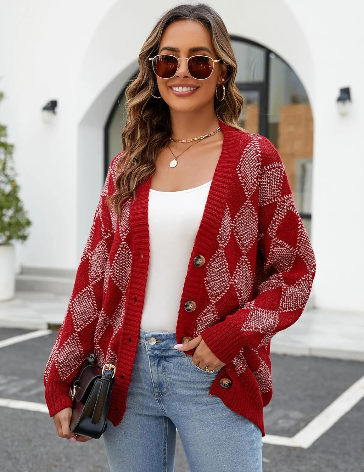 ZAFUL Women's Cardigan Sweaters Argyle Plaid Long Sleeve Button Down Preppy Oversized Chunky Knit Outerwear