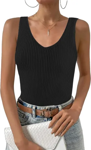 Zeagoo Womens Ribbed Tank Tops 2024 V Neck Slim Fit Knit Sleeveless Shirts Casual Basic Tee