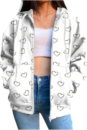 Zip Up Hoodie for Women Heart Print Long Sleeve Sweatshirts Fall Outfits 2024 Oversized Hoodies Casual Loose Jackets