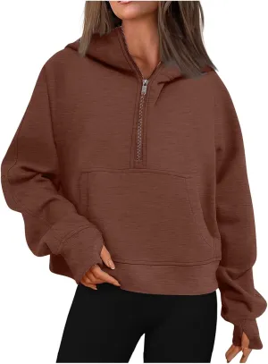 Zip Up Hoodie Women,2024 Fall Thumb Hole Half Zip Sweatshirts Fleece Jackets Tops Oversized Pullover With Pockets