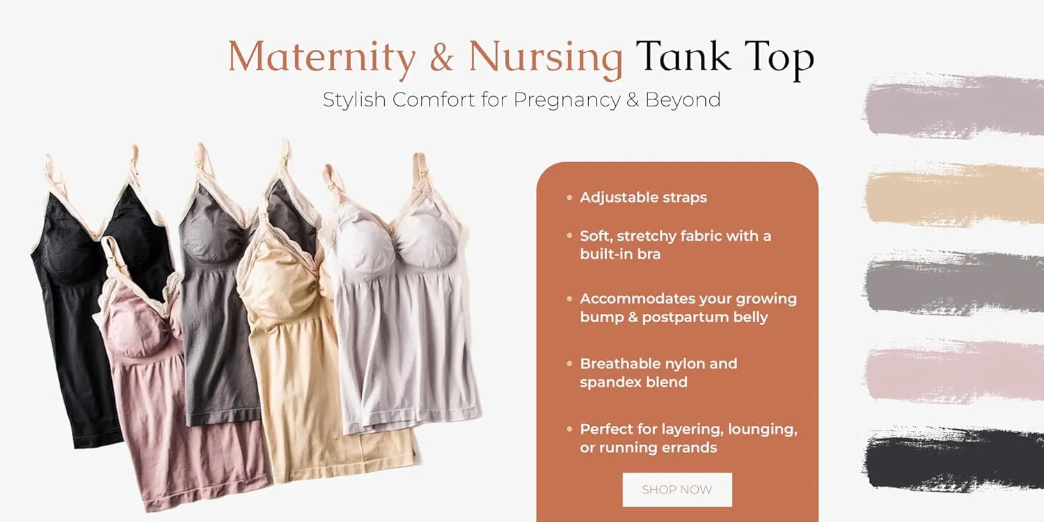 ZiZa Maternity & Nursing Tank Top for Women, Adjustable Straps for Breastfeeding, Comfortable Stretch with Built-in Bra, M-L